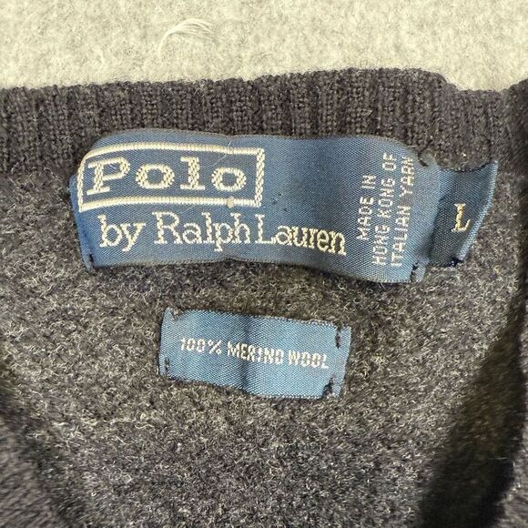 Polo by Ralph Lauren Mens Large Pullover 100% Merino Wool Sweater Gray V Neck - Picture 2 of 6